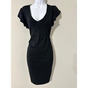 DOKOTOO Black V Neck Flutter Sleeve Cinched Waist Midi Dress Women's Size L